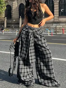Women's Plaid Drawstring Waist Wide Leg Pants, Casual Fashion Street Style, Checkered Sportswear, Youth Campus Hip-Hop, Adjustable Fit