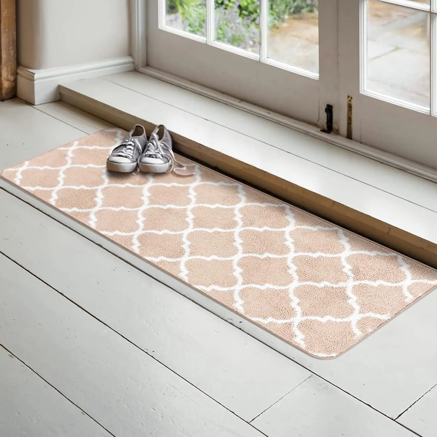 Microfiber Moroccan Trellis Non-Slip Doormat Indoor Mat and Runner for Entry, Doorway, Bath, Kitchen, High Traffic Areas, 20"x63", Beige outdoor  mat kids  rugs