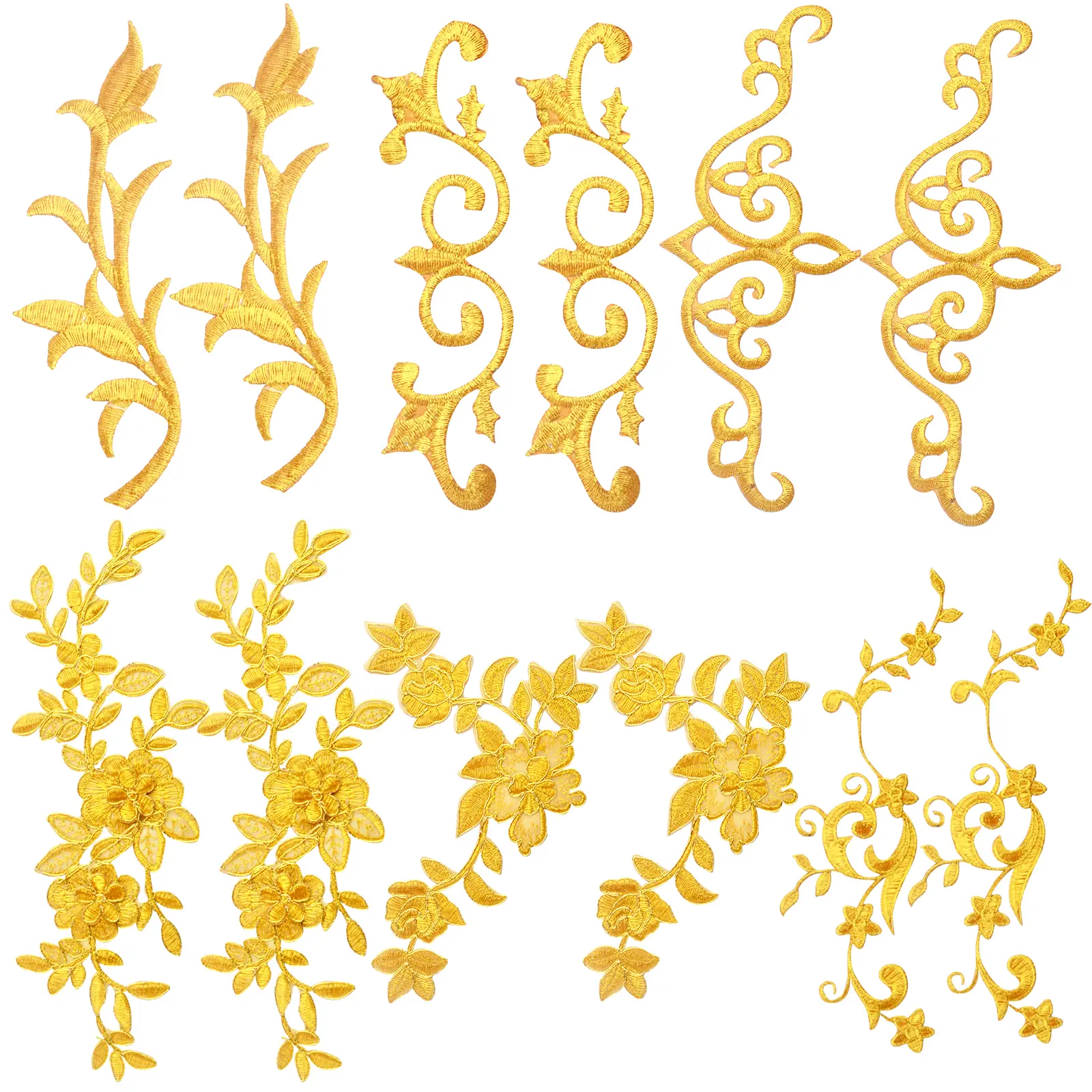 5 Pairs Golden Flower Embroidery Patches Flowers Leaves Lace Sew On/Iron on Embroidered Sewing Appliques for Wedding Prom Dress Clothes Jeans DIY Craft Decor, 5 Styles
