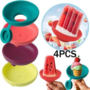 Summervibes 4PCS Silicone Popsicle Holder Stand Set – Leakproof Ice Cream Cone & Ice Pop Holder with Drip Guard, Portable Summer Snack Tray for Kids, Reusable Dishwasher Safe Popsicle Catcher