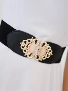 Women's Elegant Rhinestone Decorated Wide Belt, Trendy Elastic Symmetrical Buckle Belt Casual Dress Belt for Jeans & Dress & Accessories for Daily Use Fashion Belt PU Buckle Belt