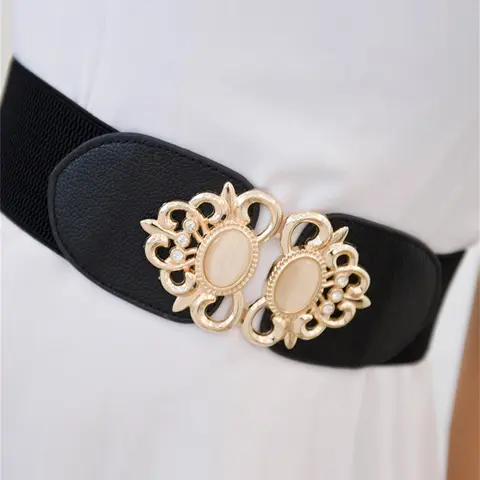 Women's Elegant Rhinestone Decorated Wide Belt, Trendy Elastic Symmetrical Buckle Belt Casual Dress Belt for Jeans & Dress & Accessories for Daily Use Fashion Belt PU Buckle Belt Decorative Belt Belts for Dresses