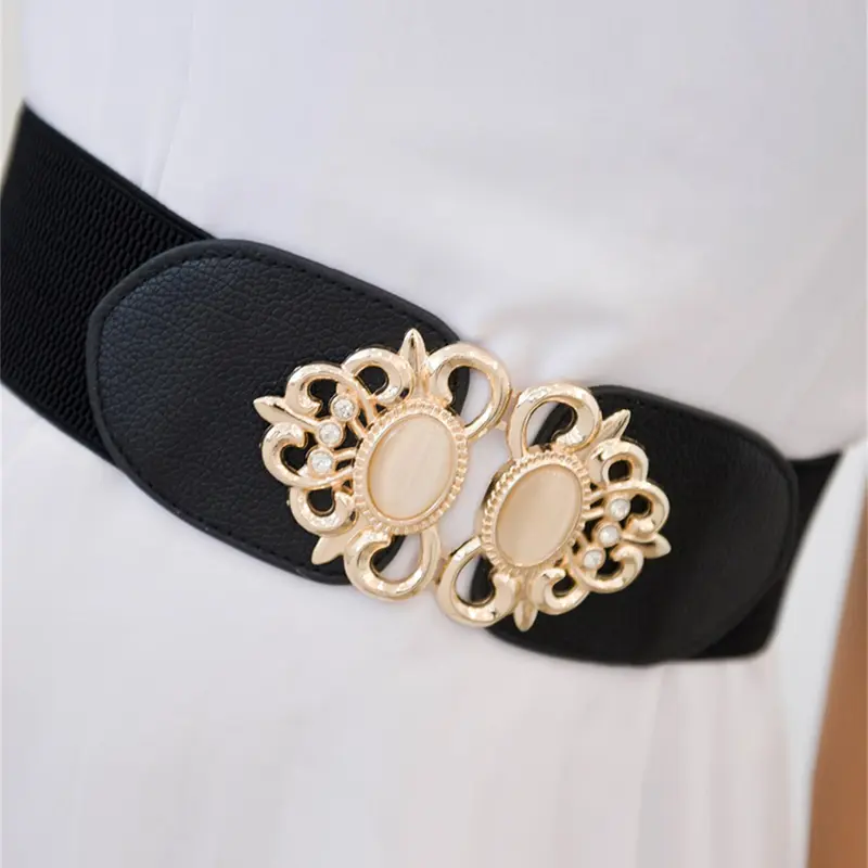 Women's Elegant Rhinestone Decorated Wide Belt, Trendy Elastic Symmetrical Buckle Belt Casual Dress Belt for Jeans & Dress & Accessories for Daily Use Fashion Belt PU Buckle Belt Decorative Belt Belts for Dresses