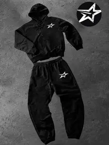 This men's star-print two-piece set includes a hoodie and drawstring pants, featuring a casual style perfect for fall and winter.
