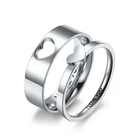 Hypoallergenic Stainless Steel Heart-Shaped Hollow Couple Matching Promise Rings, Simple Fashionable Artificial Gemstone Adults' Jewelry, Romantic Promise Ring Gift Option, Unisex