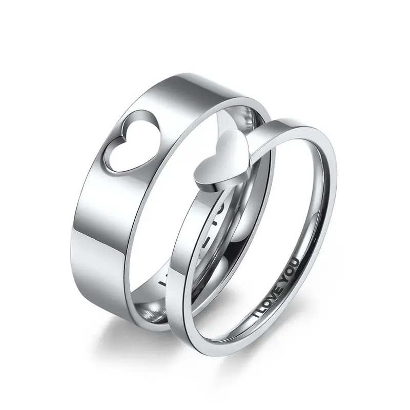 Hypoallergenic Stainless Steel Heart-Shaped Hollow Couple Matching Promise Rings, Simple Fashionable Artificial Gemstone Adults' Jewelry, Romantic Promise Ring Gift Option, Unisex