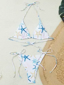 2 Piece Starfish Print Sexy Bikini Set, Perfect for Beach Holiday Swimming, Stylish Swimwear for Summer Vacation, Triangle Bikini Top
