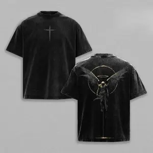 ARCHANGEL OF REPENTANCE T-Shirt Acid Wash Pump Cover Fallen Angel Double Printed Heavy Cotton Unisex Crusader Armor Graphic Tee, Vintage Cross Shirt, Medieval Warrior Streetwear, Gothic Faith Oversized Tee，funny graphic tee, men’s trendy t-shirts