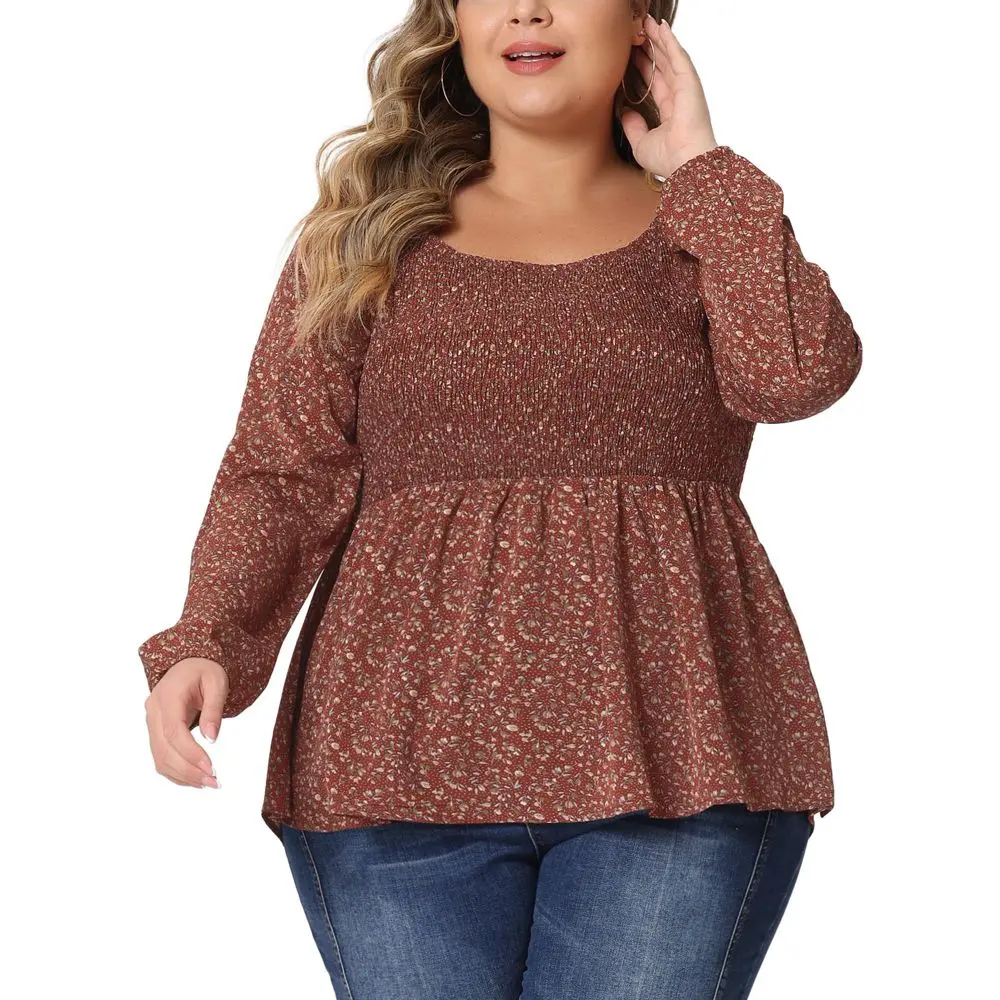 Agnes Orinda Women's Plus Size Long Sleeve Smock Waist Square Neck Floral Peplum Blouses Burgundy 3X, Casual, Pullover, Garment, Hip