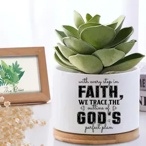 "Faith In God's Plan" Christian Ceramic Succulent Planter with Bamboo Tray - Pure Ceramic, Artistic, Floral Shaped Decorative Vases - White Mini Heart Accent Pot for Shelf, Tabletop Home Decor, Ceramic Vases