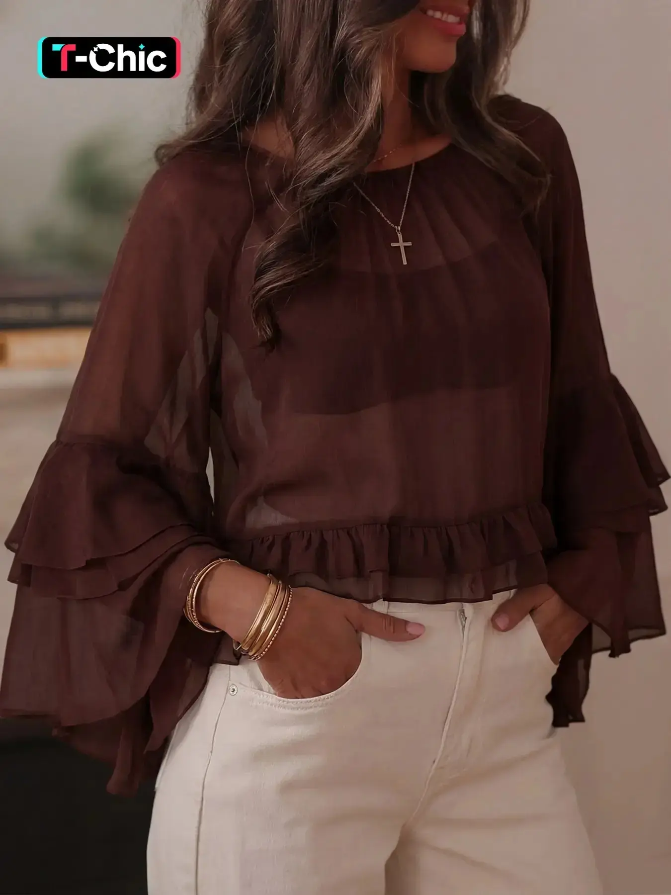 Women Sheer Chiffon Blouse Ruffle Bell Sleeve Top Flowy Long Sleeve Loose Fit Elegant Casual Everyday Chic Aesthetic Lightweight Romantic Boho Bohemian Top Brown Shirts