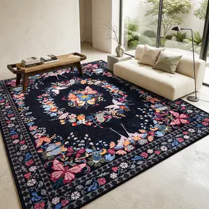 BLIOWL Little Butterfly Black Boho Area Rug, Vintage Persian Floral Print Carpet, Non-Slip Large Floor Mat for Living Room Bedroom, Retro Bohemian Home Decor, Dry Clean Recommended tiktokshopspringglowup