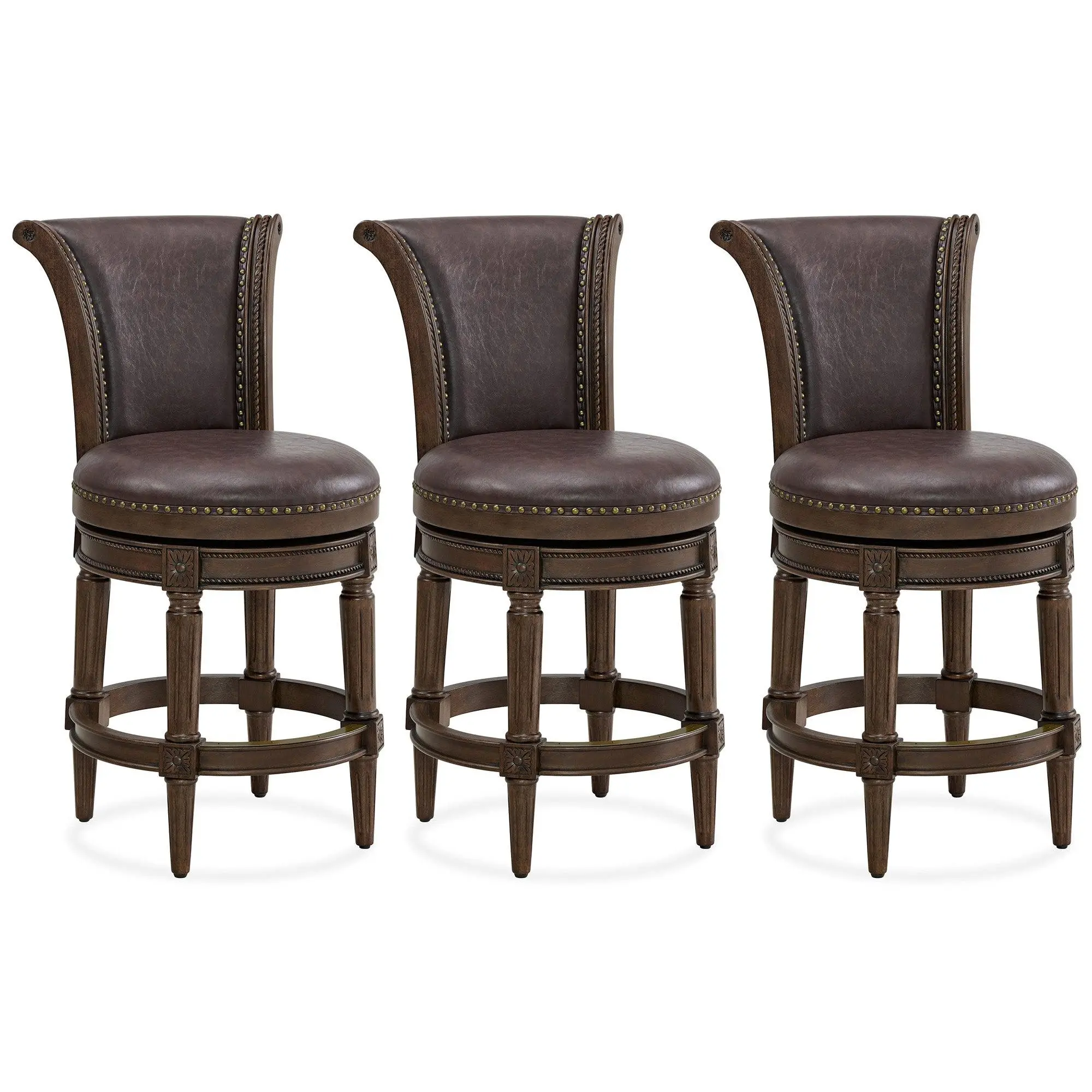 ROME + OAK Runyan Counter Stool, Dark Walnut, Vintage Brown Vegan Leather, Set of 3
