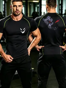 Men's Y2K Devil Print Compression Short Sleeve, Quick Dry Breathable Sportswear, Ideal for Outdoor Activities, Running, Basketball, Football