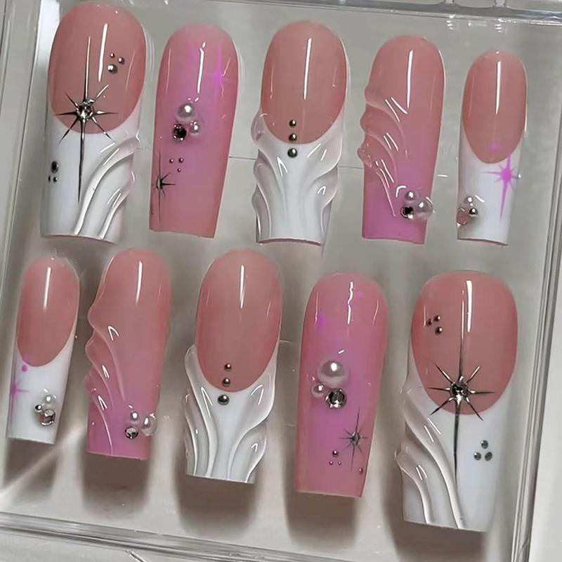 Long Square Press on Nails with 3D Stars Rhinestones Design Glitter Fake Nails Acrylic Nail Tips Full Cover Artificial on Nails Glossy Stick on Nails Nude Pink False Nails for Women Manicure Set
