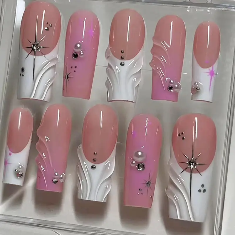 Long Square Press on Nails with 3D Stars Rhinestones Design Glitter Fake Nails Acrylic Nail Tips Full Cover Artificial on Nails Glossy Stick on Nails Nude Pink False Nails for Women Manicure Set