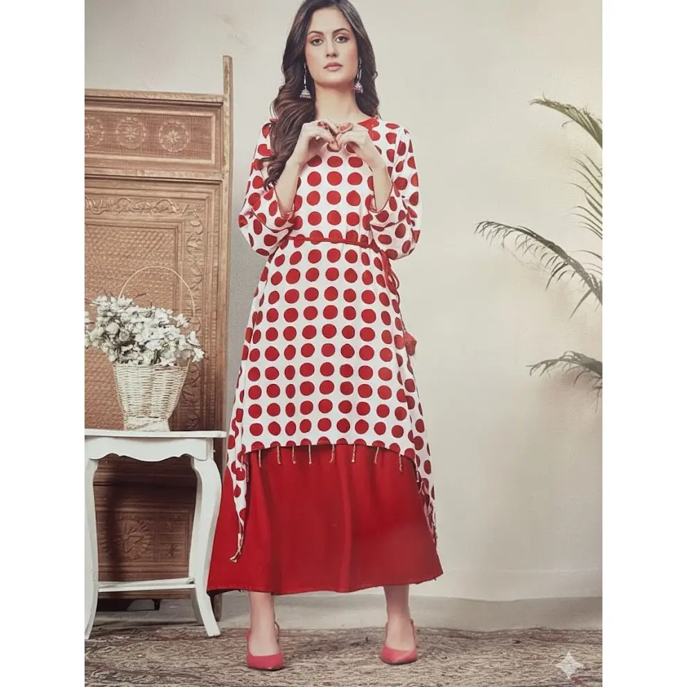 #DOt-4 Red & White Polka-Dot Tassel  Rayon Kurti Dress | High‑Low Overlay