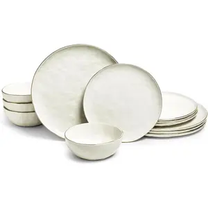 12- Lightweight Porcelain Dinnerware Set for 4, Glossy Vanilla White Plates and Bowls Sets,  Rims, Farmhouse Ceramic Dish Set, Rustic Dishes, Microwave and Dishwasher Safe, Gansevoort