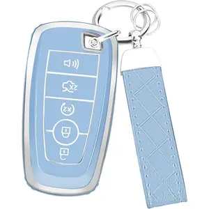 Key Fob Cover for Ford Explorer Maverick Mustang Fusion Escape Edge F150 F250 F350, Premium TPU Key Fob Protector with Leather Keychain & Screwdriver, Slim Fit 5-Button Remote Case, Blue