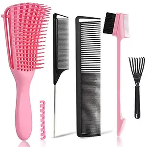 EZ Detangler Brush Set with Edge Brush & Rat Tail Comb, Flex Detangling Brush for Natural Curly Hair, Wet/Dry Use, Pink+Black