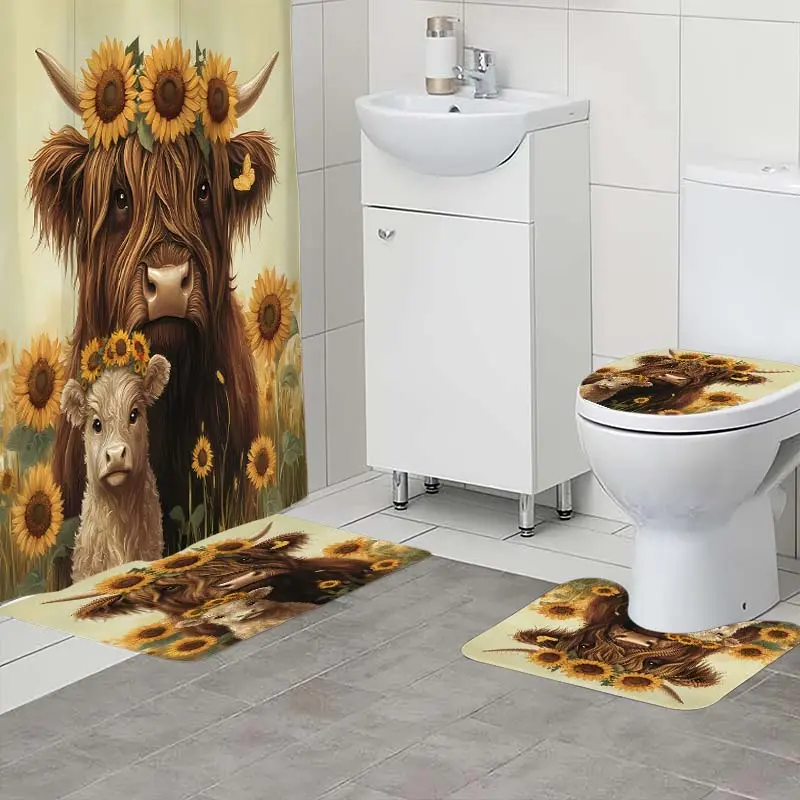 4pc Sunflower Field Yak Father Son Pattern Bathroom Set, The 4-piece set includes a single shower curtain, anti slip floor mat, toilet U-shaped mat, toilet lid mat, with shower curtain hook, and belongs to bathroom decoration products