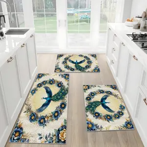 1/2/3pcsTrimmable Kitchen Rugs, Gorgeous Peacock Spread Its Tail Decorative Floor Mat, 3D Pineapple Texture Anti-Slip Wear-Resistant Kitchen Carpet, Easy To Clean, Suitable For Bedroom, Living Room, Door, Bathroom Entrance, Laundry Room