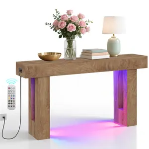 63 Inch Console Table with LED Lights and Charging Station, Narrow Sofa Entryway Table with 2 AC Outlets and USB Ports, Rustic Wood Hallway Foyer Accent Table, Mountain Patterned Sandalwood