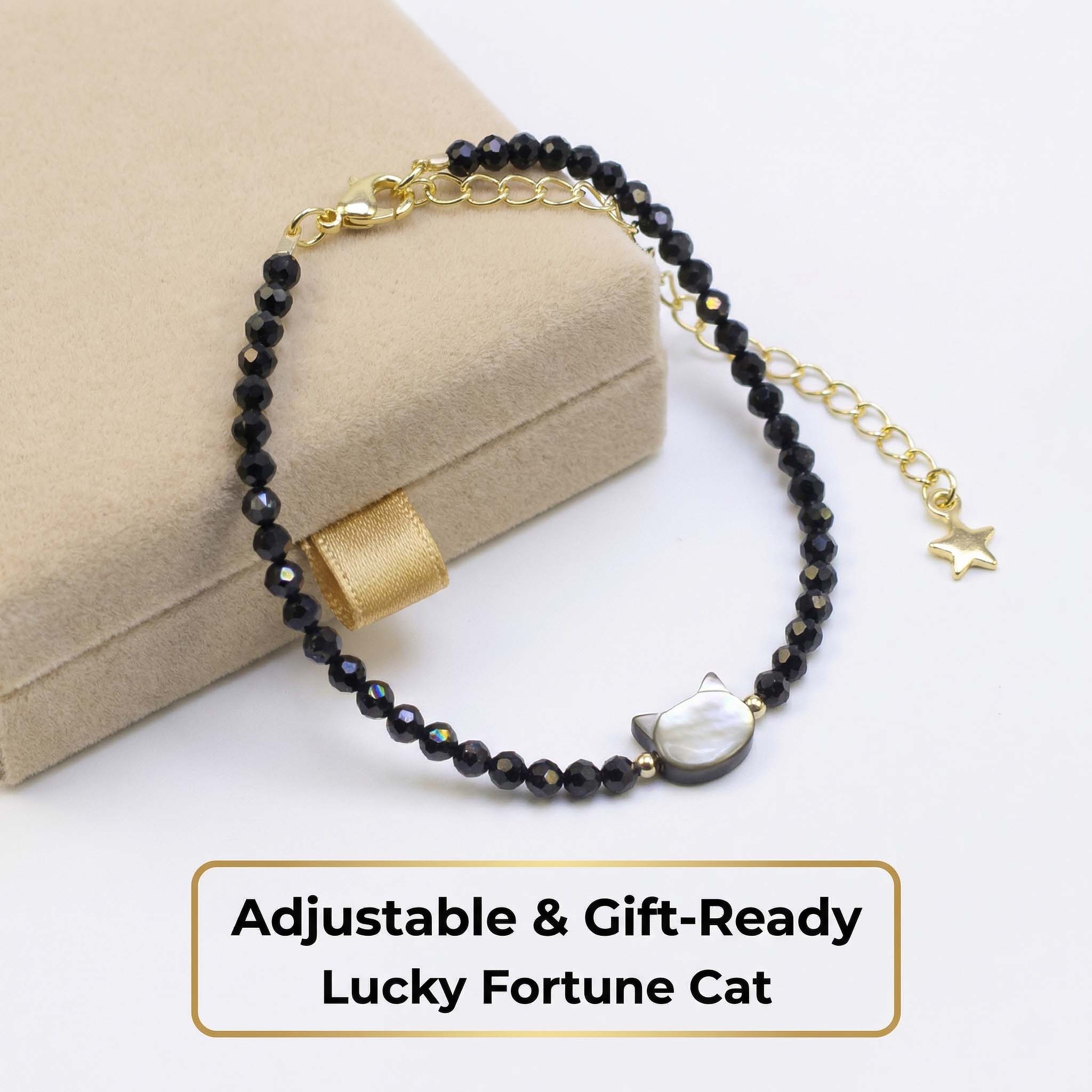 Black Crystal Bracelet with Cat Head Design for Women - Adjustable & Gift-Ready Lucky Fortune Cat