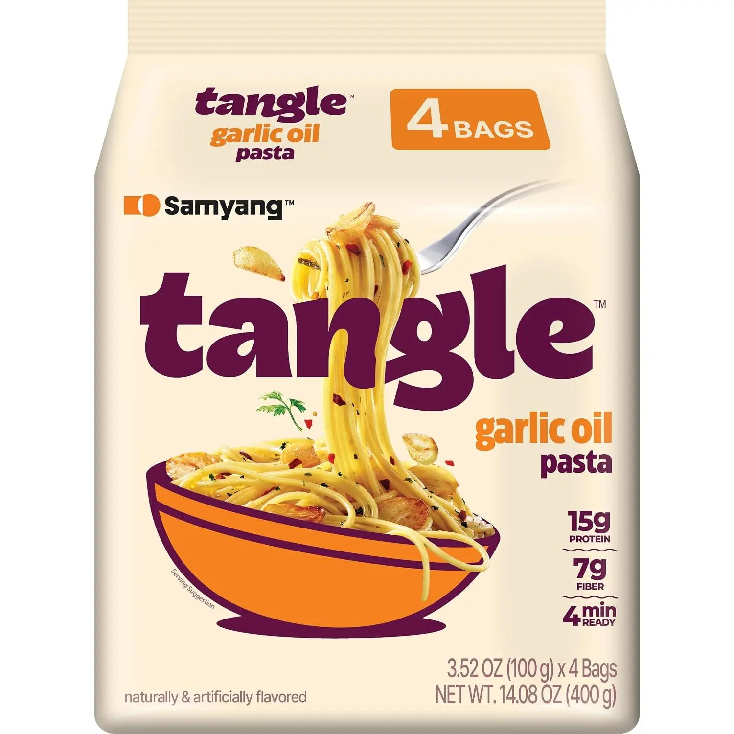 Tangle Garlic Oil Instant Pasta, 15g Protein Linguine, 6g Fiber, 4-Pack | 15g protein, 6g fiber per serving; Chickpea-based air-dried noodle; Roasted garlic and olive oil with a spicy kick
