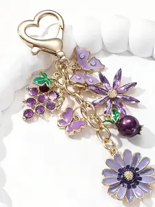 Grape Flower Keychain, Romantic Butterfly Oil Drop Charm, Car Bag Hanging Ornament, Gift for Friends and Family, Memorial Present