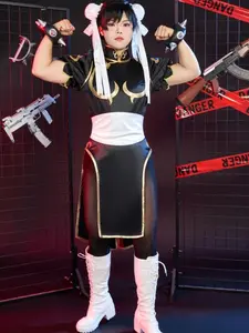 [Officially Licensed] Street Fighter Classic Chun-Li Black Leotard And Skirt Cosplay Costume with Hair Accessories Halloween Costume