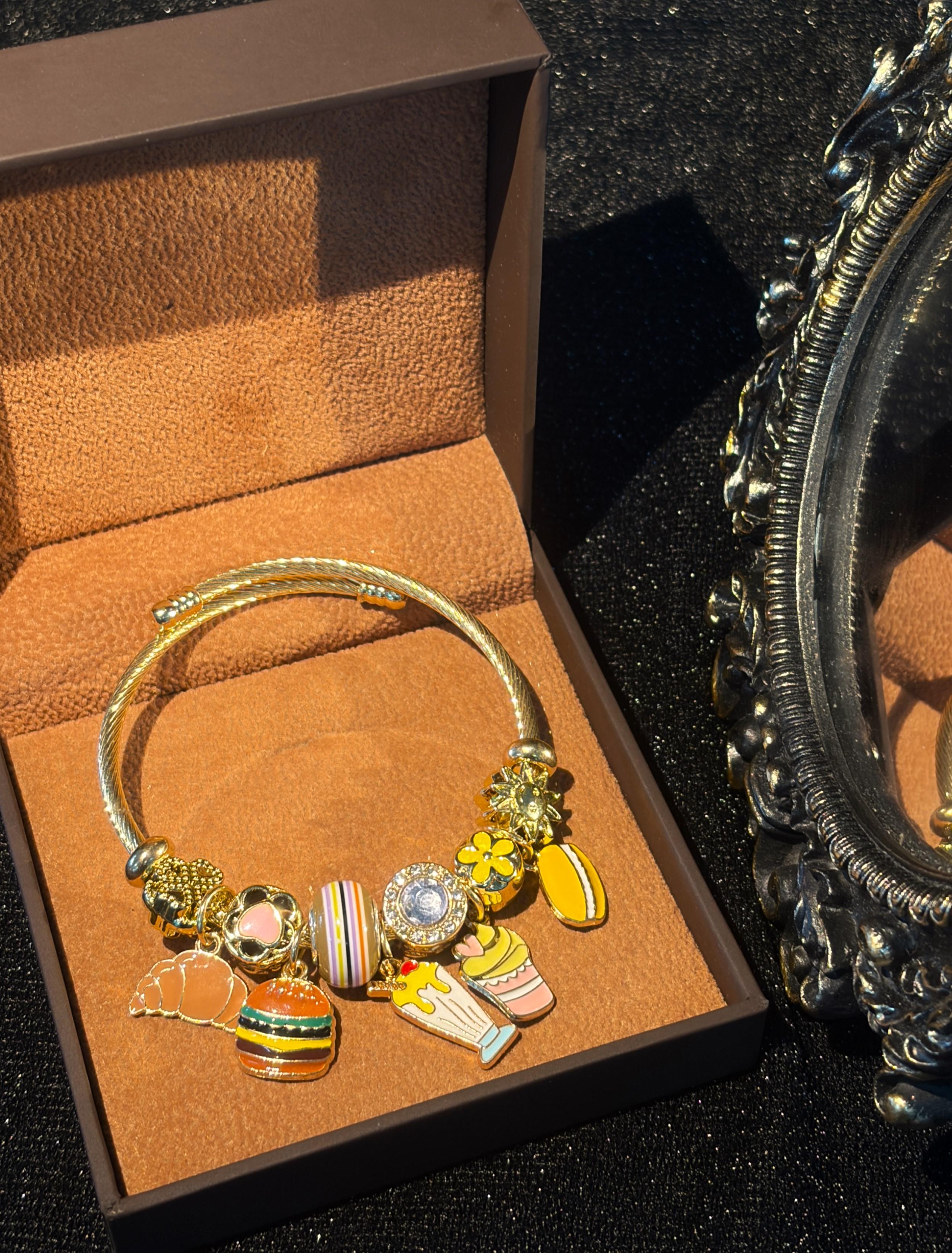 Women's Gold-Tone Open Cuff Bangle with Cute Food Pendant, Adjustable Stackable Costume Jewelry for Gifting