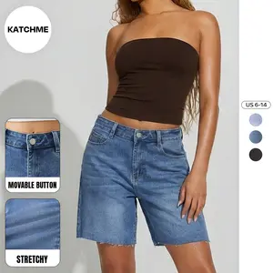 KatchMe Women's Vintage Mid-Rise Tassel Hem Baggy Denim Bermuda Shorts, Simple Style Flexible Stretch Womenswear, Casual Durable Daily Jeans, Wrinkle-Resistant Bottom