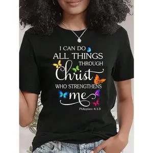 Bible Verses Quotes I Can Do All Thing... Christian Gift Cotton T-Shirt Womenswear Casual Shortsleeve Top