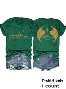 Mountain Print Round Neck T-Shirt, Casual Vacation Women's Short Sleeve Top, Fitted Soft Fabric, Daily Comfort, Elegant Design