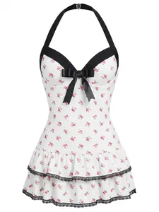 RETRO STAGE Women's 1940s Beige Halter Polka Dot 1-Piece Swimsuit, Backless Bathing Suit with Ruffled Hem, Dainty Bow & Vintage Charm, Comfortable Fit, One Piece Swimsuits