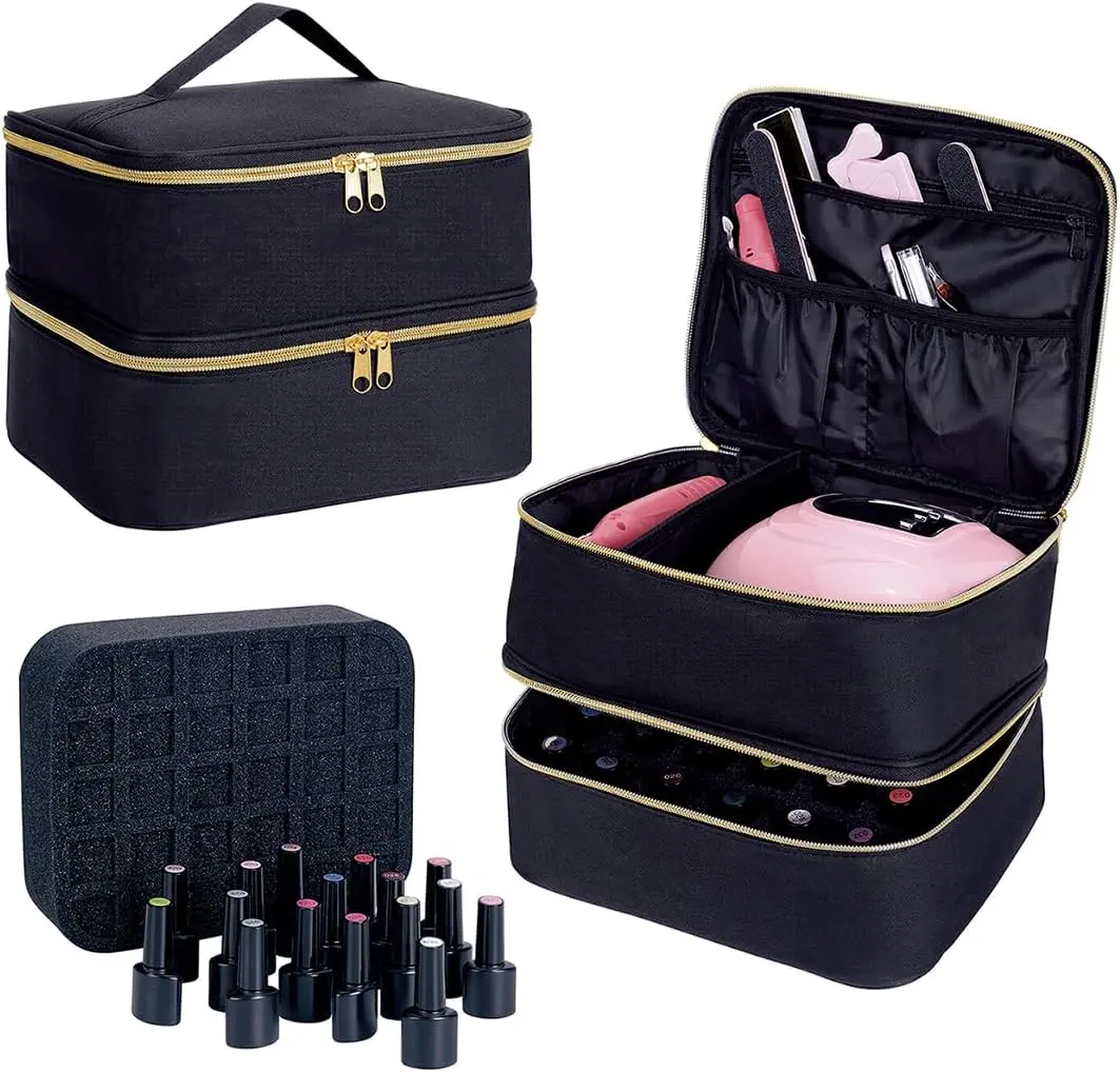 Nail Supplies Organizer, Double Layer Travel Case for 30 Polish Bottles and Nail Lamp, Portable Manicure Tools Storage with Adjustable Dividers, Black, Zipper, 9.45X7.87x7.09 Inches