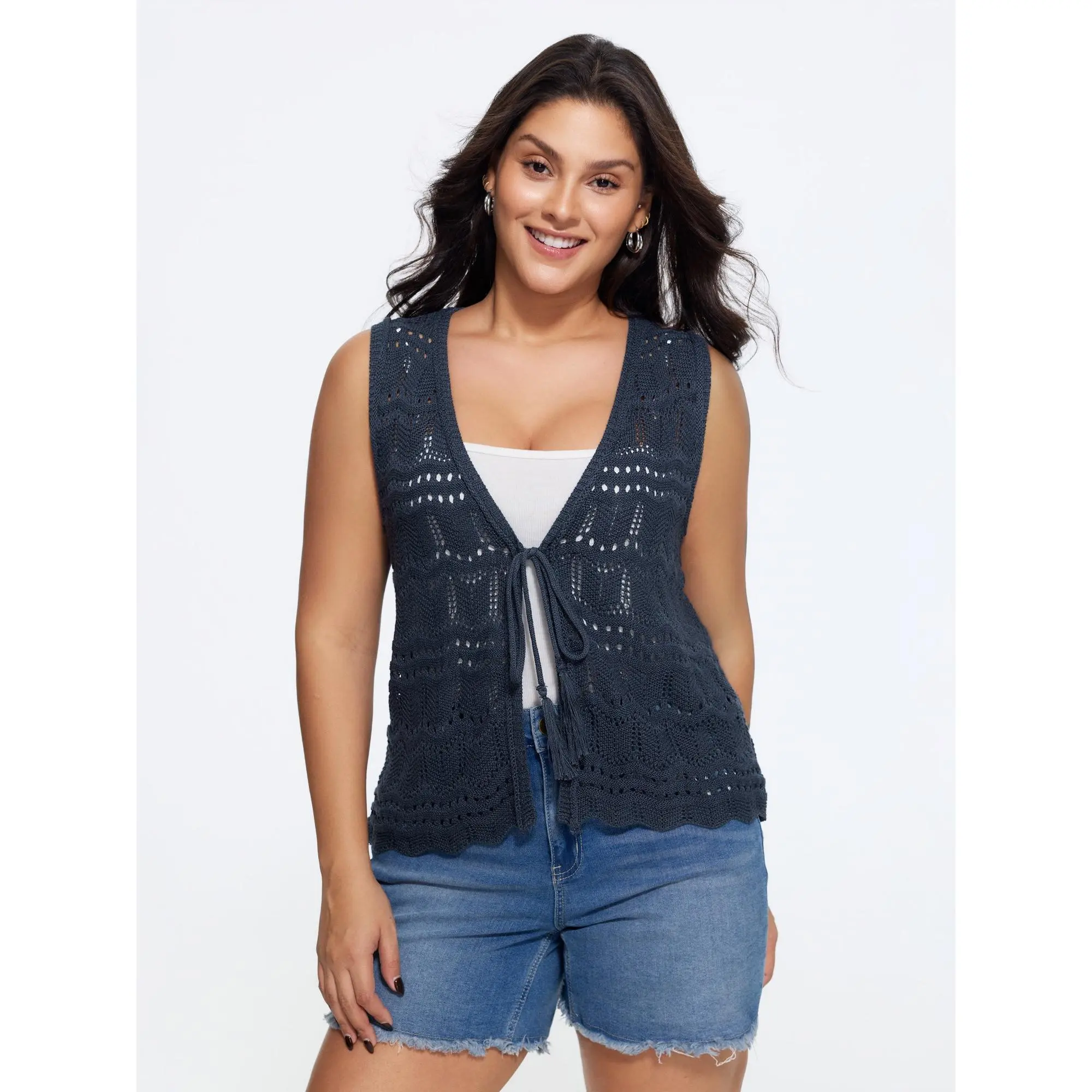 BloomChic Plus Size Cable Knit Sweater Vest, Cropped Cotton Blend Casual Top with a Lace-Up Front and Scalloped Hem, Tops, Fabric, Garment, Sleeveless, Lady, Women, Knit Vest, Flat