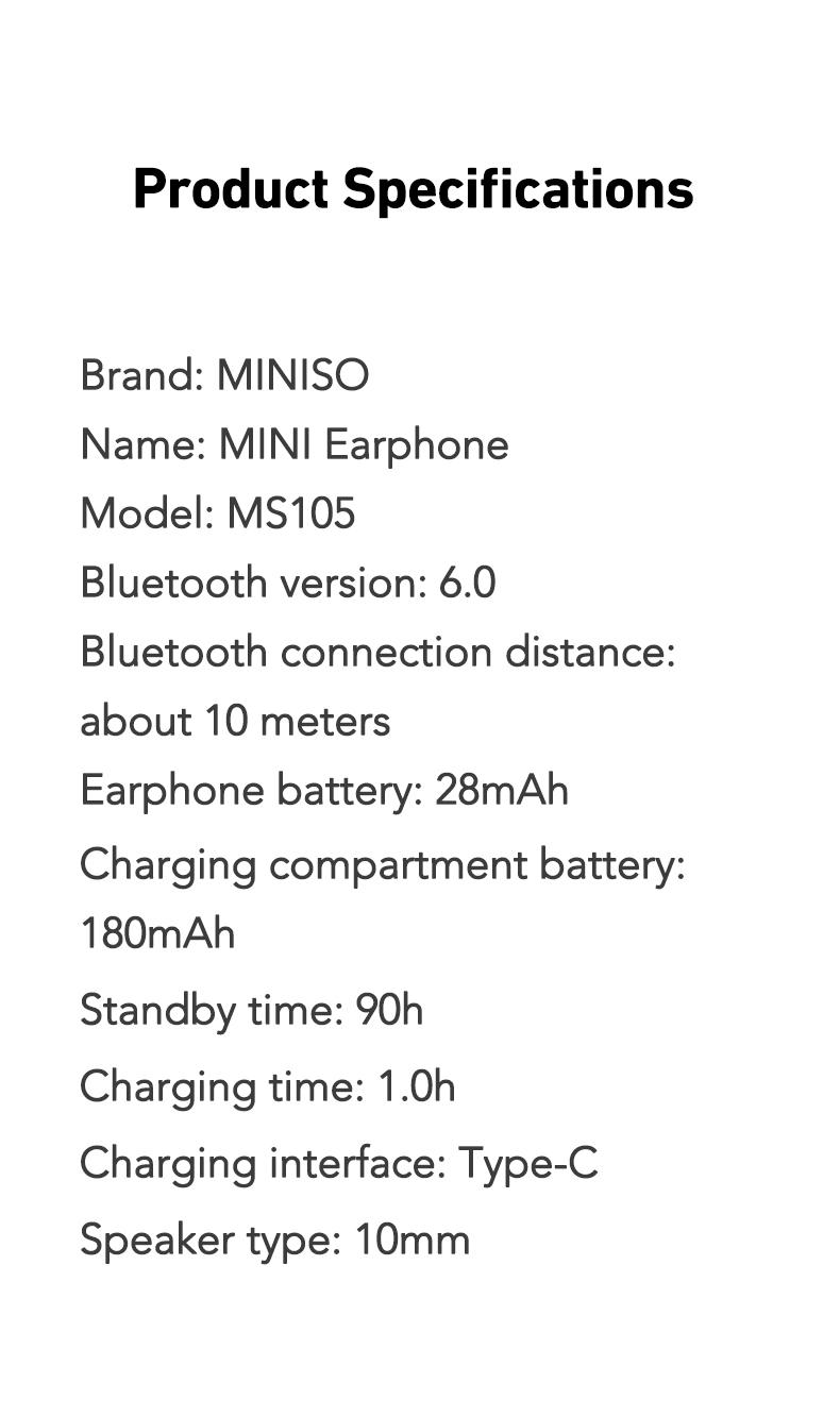 MINISO MS105 Wireless Bluetooth Headphones, Tiny Size Invisible Earbuds, Waterproof Headsets, Mini and Short Handle Design, for Work Sport Sleeping