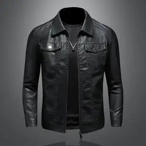 Men's lapel leather jacket autumn oversized slim motorcycle riding suit winter thickened PU leather waterproof work clothes(Sheets)