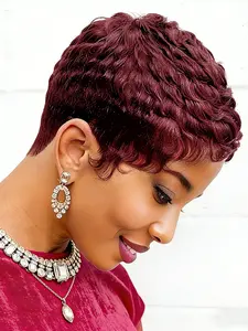 99J Burgundy Short Curly Human Hair Wig Pixie Cut Machine Made Wig For Women