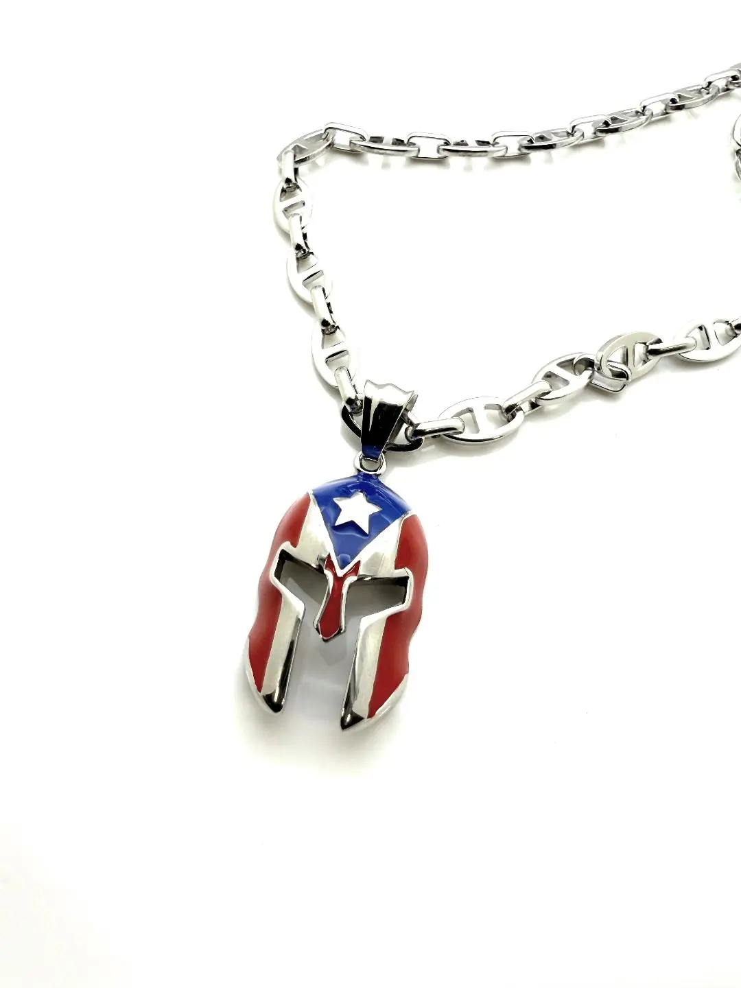 Papiichulo Spartan Puerto Rican Helmet Pendant Necklace With 24 Inch Link Chain, Celebrating Boricua Pride.