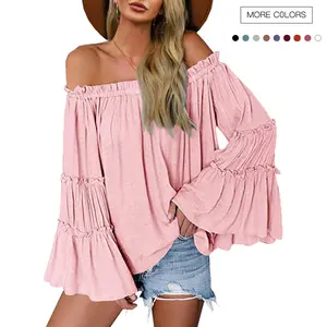 Danedvi Womens Off The Shoulder Long Bell Sleeve Tops Flared Casual Loose Blouse Dress Black