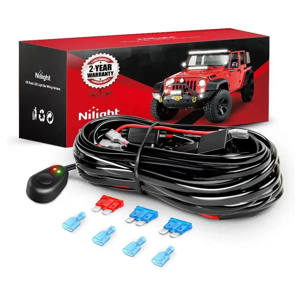 Nilight 16AWG Copper Wire Harness Kit for Cars, Vans, Tanks - 2 Leads, 12V Mouse Style Switch, 3 Fuses, 4 Spade Connectors, Metal Construction Compatible with Motorcycles, Trucks, 4x4, Jeeps