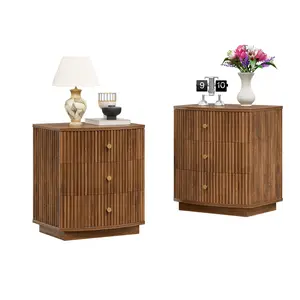 ZXVOIM 22.83" Mid-Century Modern Curved Edge Storage Side Table with 3 Drawers, Grooved Wood Nightstand, Three Drawer Nightstand Compact Sofa Side Table for Bedroom, Living Room and Small Spaces
