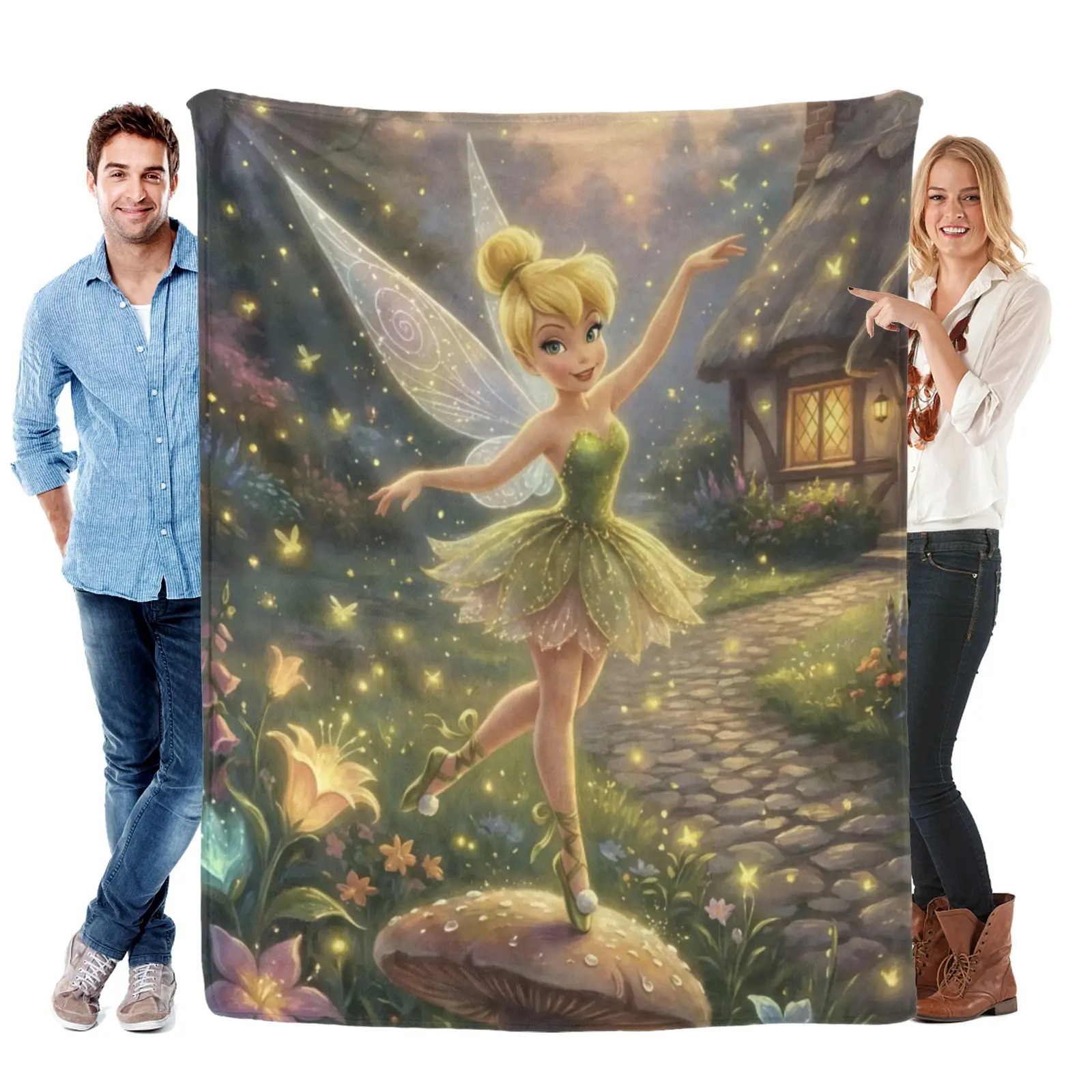 Disney Mushroom Cottage Tinkerbell Blanket, Soft Fleece Throw Blanket, Floral Sofa Cover, Gifts For Girls Loving Fairy Blanket