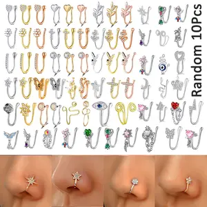Random 10pcs Nose Clip and Stud Set with Copper Synthetic Zirconia U-Shaped Heart Crown Butterfly Five-Pointed Star Nose Rings,  Ideal for Party and Festival Celebrations