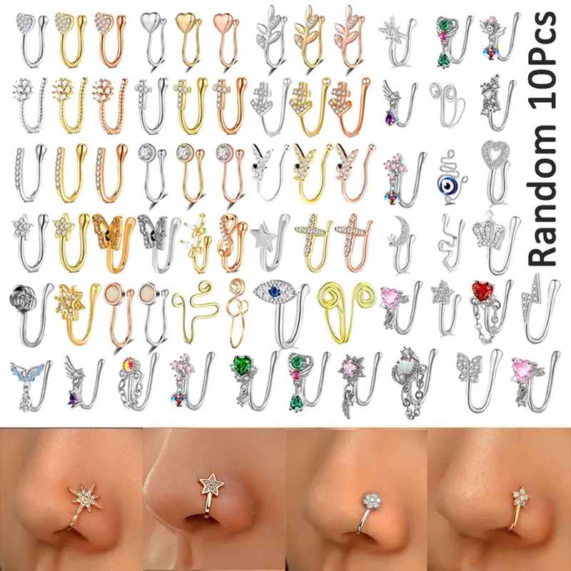 Random 10pcs Nose Clip and Stud Set with Copper Synthetic Zirconia U-Shaped Heart Crown Butterfly Five-Pointed Star Nose Rings, Ideal for Party and Festival Celebrations