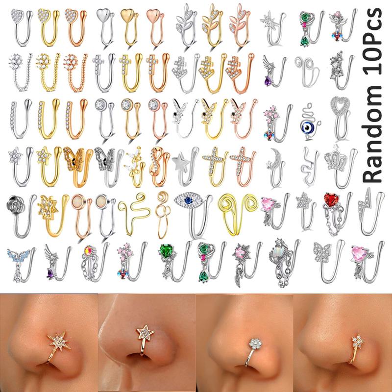 Random 10pcs Nose Clip and Stud Set with Copper Synthetic Zirconia U-Shaped Heart Crown Butterfly Five-Pointed Star Nose Rings,  Ideal for Party and Festival Celebrations
