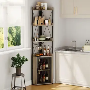 OUTGOODS Space-Saving Industrial Corner Bar Cabinet – 4-Tier Freestanding Wine Rack with Glass Holder, Adjustable Shelves, Anti-Tipping Device – Liquor Storage Sideboard & Display for Home Bar, Dining Room